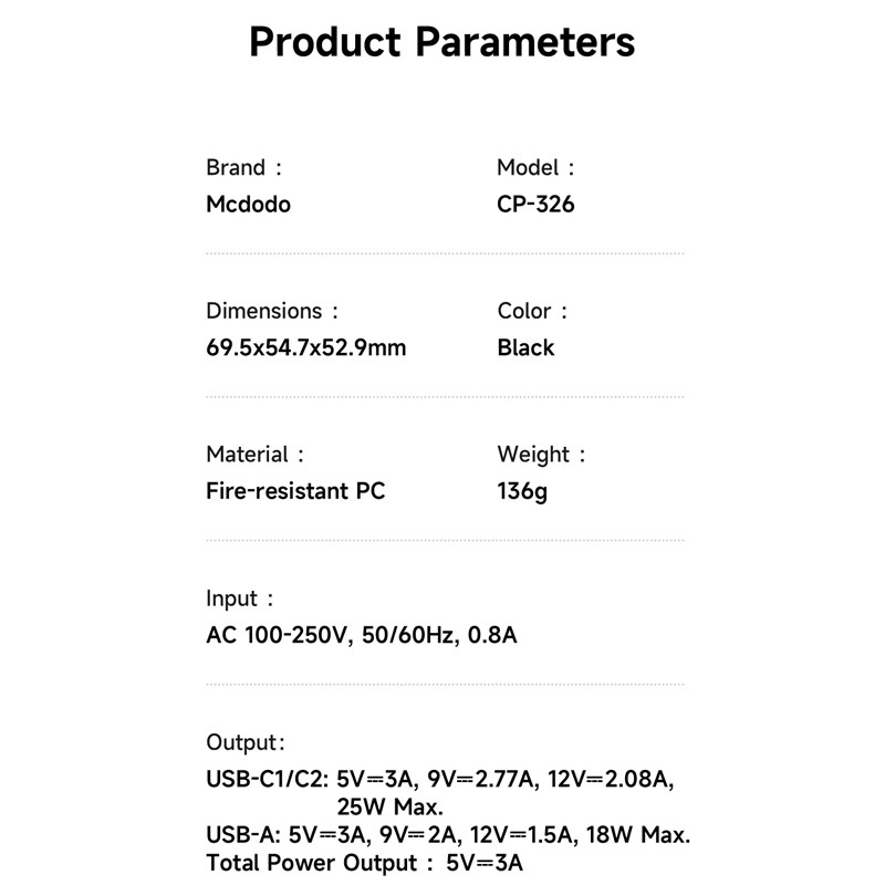 شارژر دیواری 25 وات مک دودو CP-326 PD 3A + کابل تبدیل تایپ سی