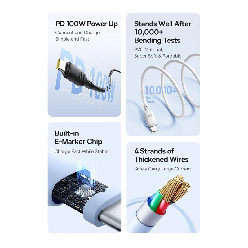 کابل دو سر تایپ سی فست شارژ 100 وات باسئوس Silky P10377704213 طول 1 متر
