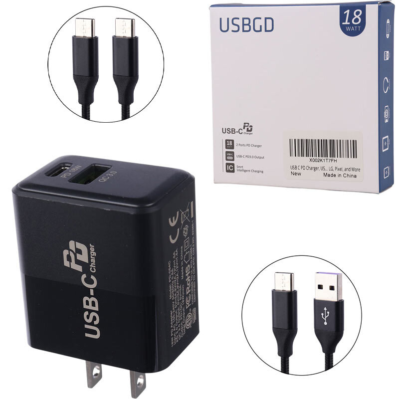 شارژر دیواری 18 وات USBGD PD-054C PD QC3.0 3A + کابل تایپ سی و کابل تبدیل Type-C