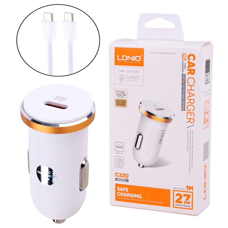 شارژر فندکی 27 وات الدینیو C22Q + کابل تایپ سی