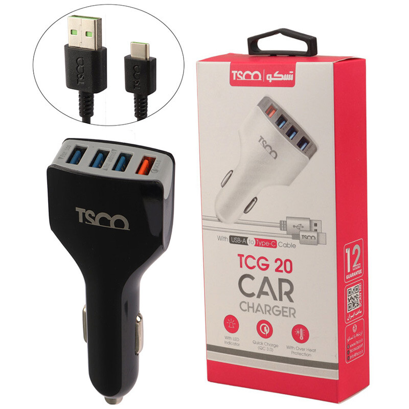شارژر فندکی فست شارژ TSCO TCG 20 3A QC3.0 PD 18W + کابل تایپ سی