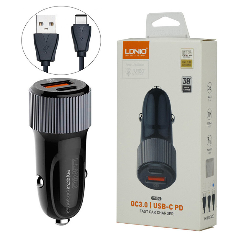 شارژر فندکی فست شارژ Ldnio C510Q 2.4A QC3.0 PD 38W + کابل تایپ سی