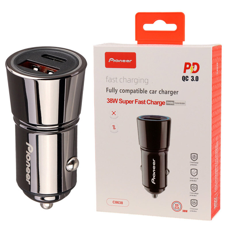 شارژر فندکی فست شارژ Pioneer C8638 QC3.0 PD 3A 20W