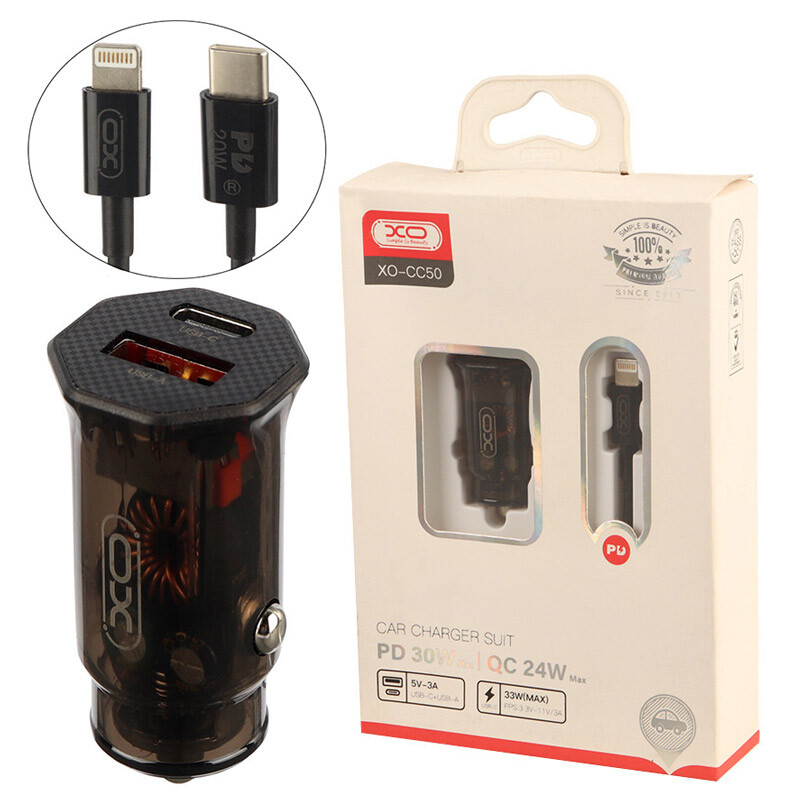 شارژر فندکی فست شارژ XO XO-CC50 QC3.0 PD3.0 3A 33W + کابل تبدیل آیفونی