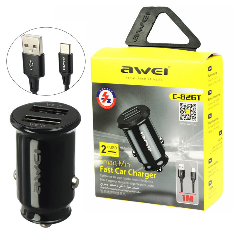 شارژر فندکی فست شارژ Awei C-826T 2.4A 12W + کابل تایپ سی
