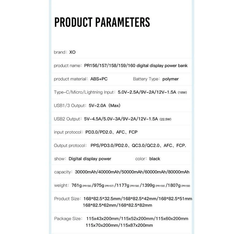 پاور بانک فست شارژ ایکس او XO-PR159 QC3.0 PD3.0 22.5W ظرفیت 60000 میلی آمپر ساعت