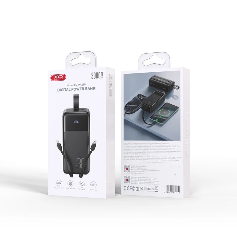 پاور بانک فست شارژ ایکس او XO-PR250 QC3.0 PD3.0 22.5W ظرفیت 30000 میلی آمپر ساعت