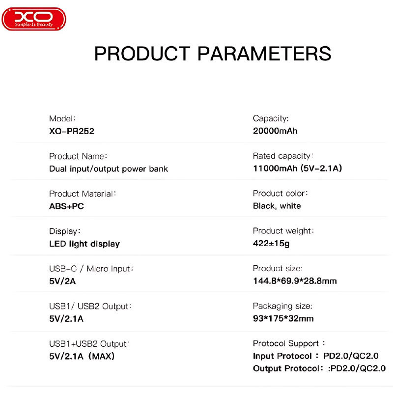 پاور بانک ایکس او XO-PR252 QC PD 10.5W ظرفیت 20000 میلی آمپر ساعت