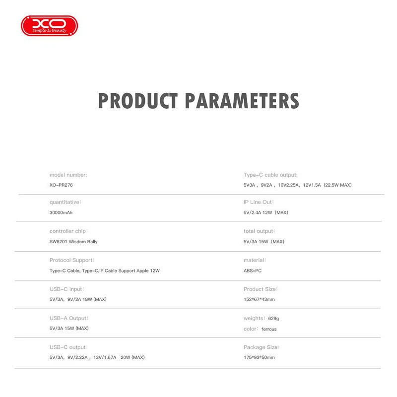 پاور بانک فست شارژ ایکس او XO-PR276 22.5W ظرفیت 30000 میلی آمپر ساعت