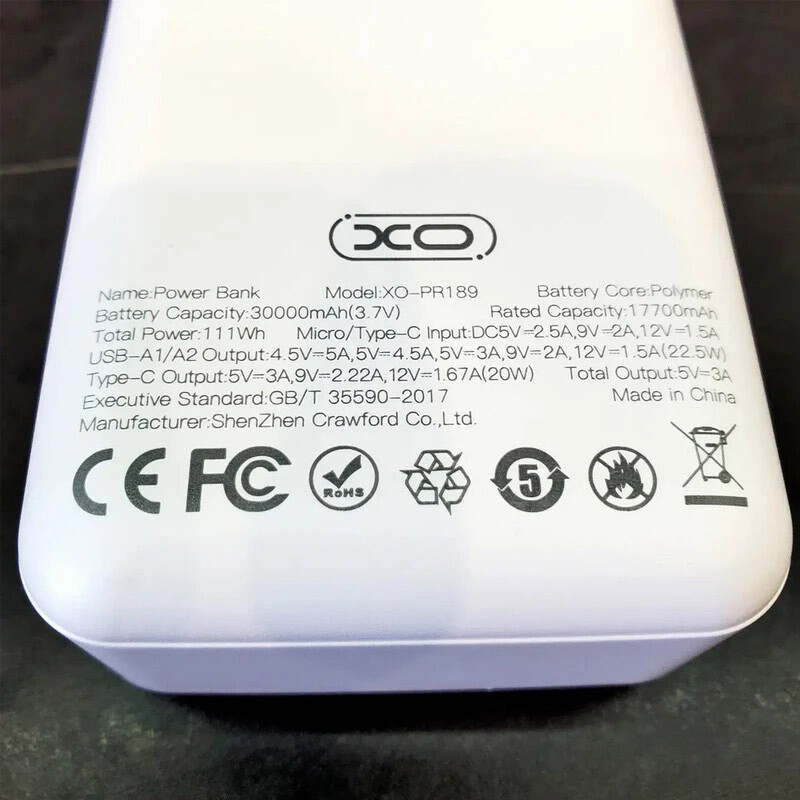 پاور بانک فست شارژ ایکس او XO-PR189 QC3.0 PD 22.5W ظرفیت 30000 میلی آمپر ساعت