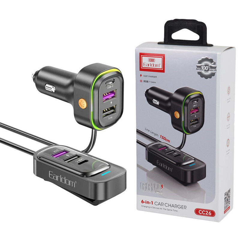 شارژر فندکی فست شارژ Earldom ES-CC26 6Port 3.1A QC4.0 PD 66W