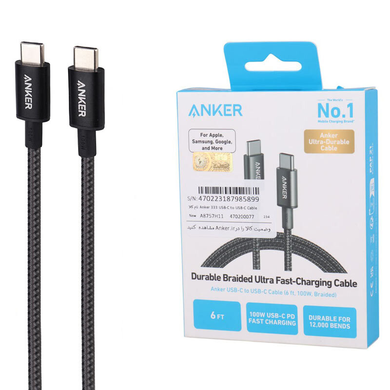کابل دو سر تایپ سی فست شارژ 100 وات انکر A8757 طول 1.8 متر