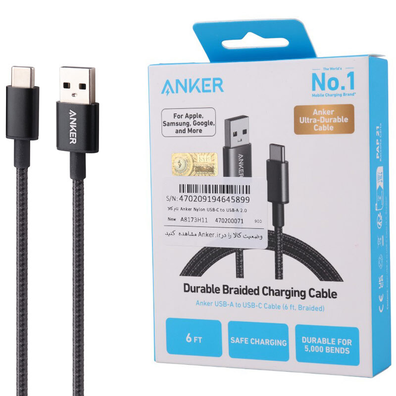 کابل تایپ سی فست شارژ 3 آمپر انکر A8173 طول 1.8 متر