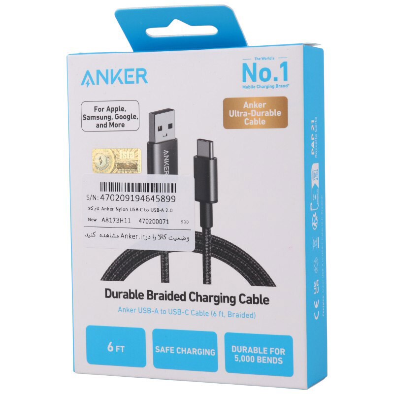 کابل تایپ سی فست شارژ 3 آمپر انکر A8173 طول 1.8 متر