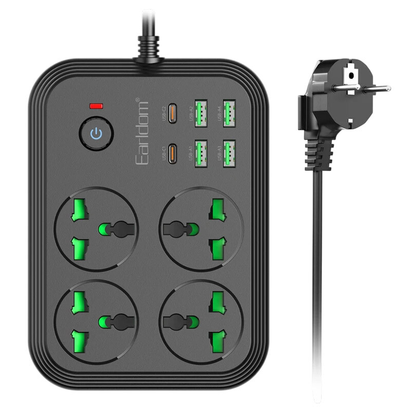 چند راهی 4 خانه برق ارلدام ES-SC25 با کابل 2 متری + شارژر USB و Type-C