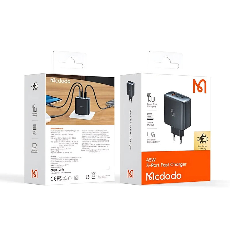 شارژر دیواری 45 وات مک دودو CH-486 QC3.0 PD 3A + کابل تبدیل تایپ سی