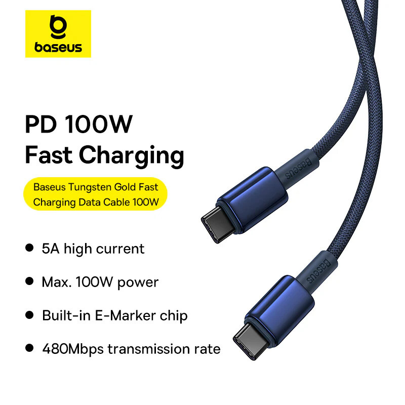 کابل دو سر تایپ سی فست شارژ 100 وات باسئوس Tungsten Gold p10319800 طول 1 متر