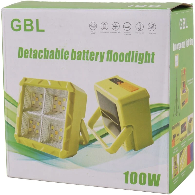 پروژکتور سیار ال ای دی 100 وات شارژی و پاور بانک خورشیدی GBL