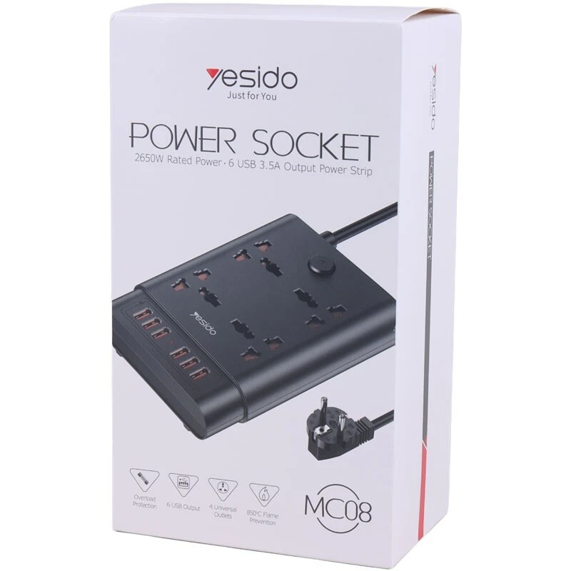 چند راهی 4 خانه یسیدو MC08 با کابل 1.88 متری + شارژر USB