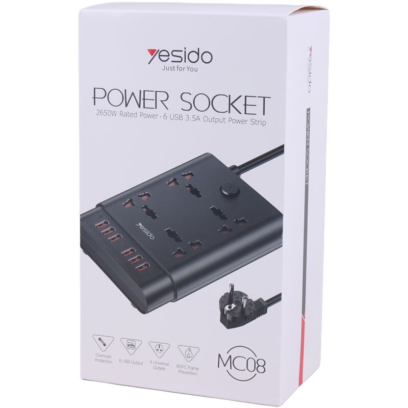 چند راهی 4 خانه یسیدو MC08 با کابل 1.88 متری + شارژر USB