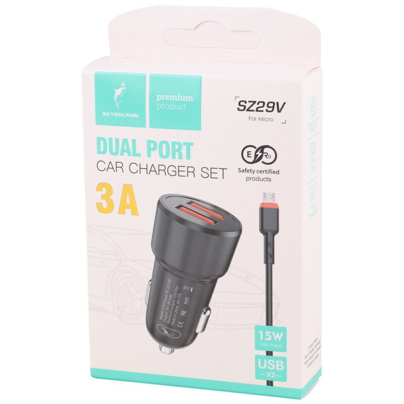 شارژر فندکی 15 وات اسکای دلفین SZ29 + کابل میکرو یو اس بی