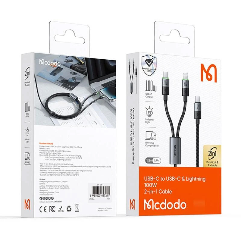 کابل دو سر فست شارژ 100 وات مک دودو CA-670 طول 1.5 متر