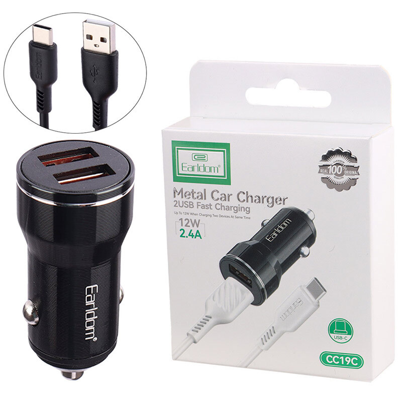 شارژر فندکی فست شارژ Earldom ES-CC19C 2.4A 12W + کابل تایپ سی