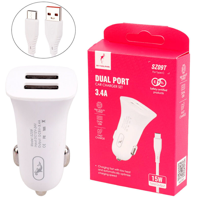 خرید شارژر فندکی 15 وات اسکای دلفین SZ09T + کابل تایپ سی