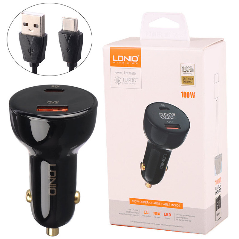 شارژر فندکی فست شارژ Ldnio C101 10A QC3.0 PD 100W + کابل تایپ سی