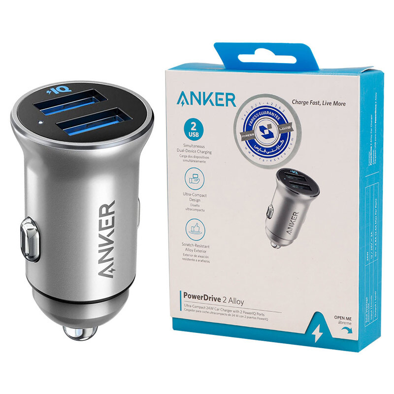 شارژر فندکی فست شارژ Anker PowerDrive 2 ALLOY A2727H42 2.4A 12W