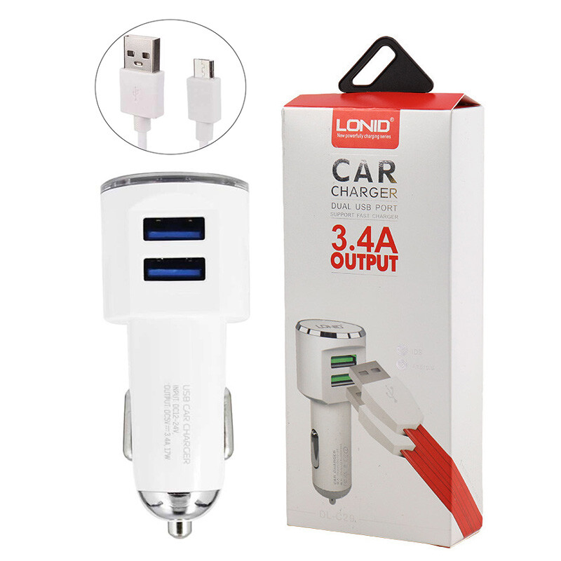 شارژر فندکی فست شارژ Lonid DL-C29 3.4A 17W + کابل میکرو یو اس بی