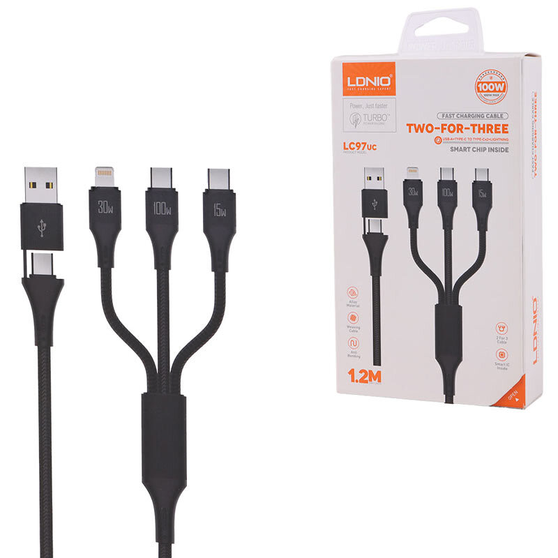 کابل شارژ چندکاره فست شارژ 100 وات الدینیو LC97uc طول 1.2 متر