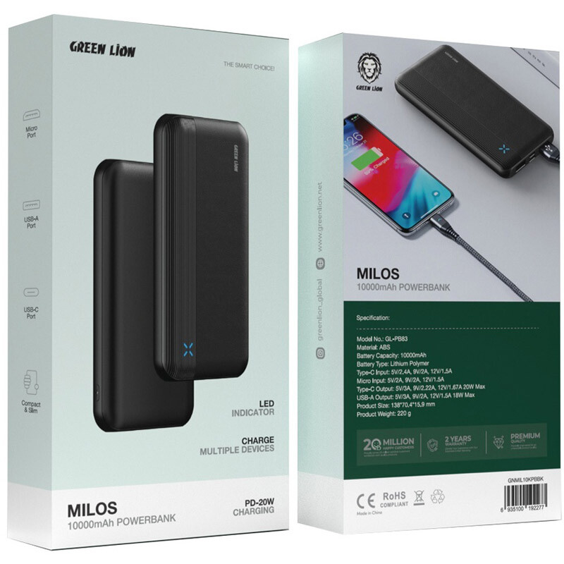 پاور بانک فست شارژ گرین لاین Milos GL-PB83 GNMIL10KPBBK PD 20W ظرفیت 10000 میلی آمپر ساعت