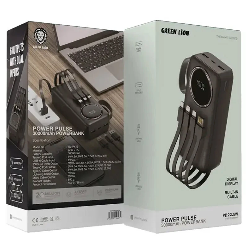 پاور بانک فست شارژ گرین لاین Power Pulse GL-PX13 PD QC3.0 22.5W ظرفیت 30000 میلی آمپر ساعت