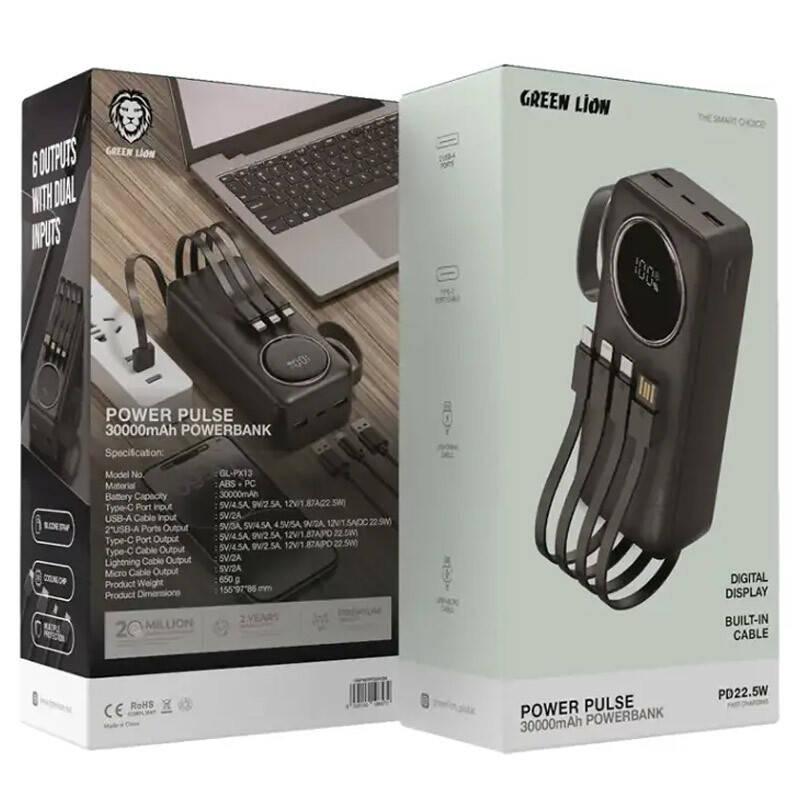 پاور بانک فست شارژ گرین لاین Power Pulse GL-PX13 PD QC3.0 22.5W ظرفیت 30000 میلی آمپر ساعت