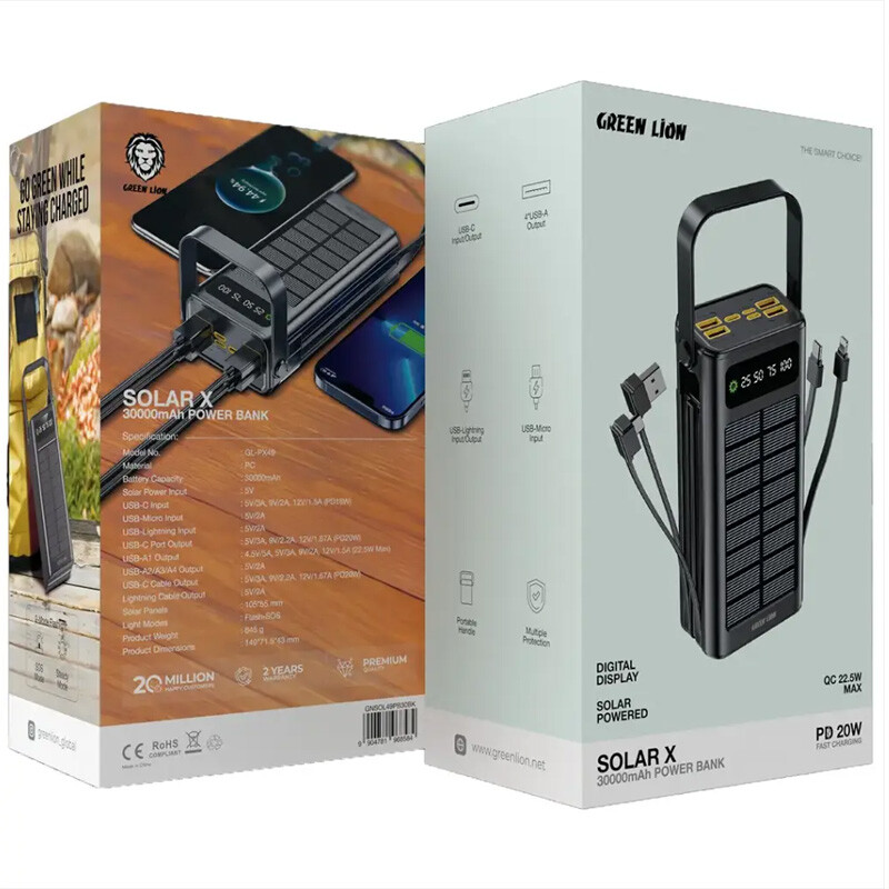 پاور بانک خورشیدی فست شارژ گرین لاین Solar X GLPX49 QC3.0 PD 22.5W ظرفیت 30000 میلی آمپر ساعت