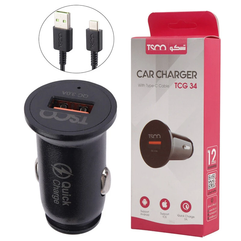 شارژر فندکی فست شارژ TSCO TCG 34 QC3.0 3A 18W + کابل تایپ سی