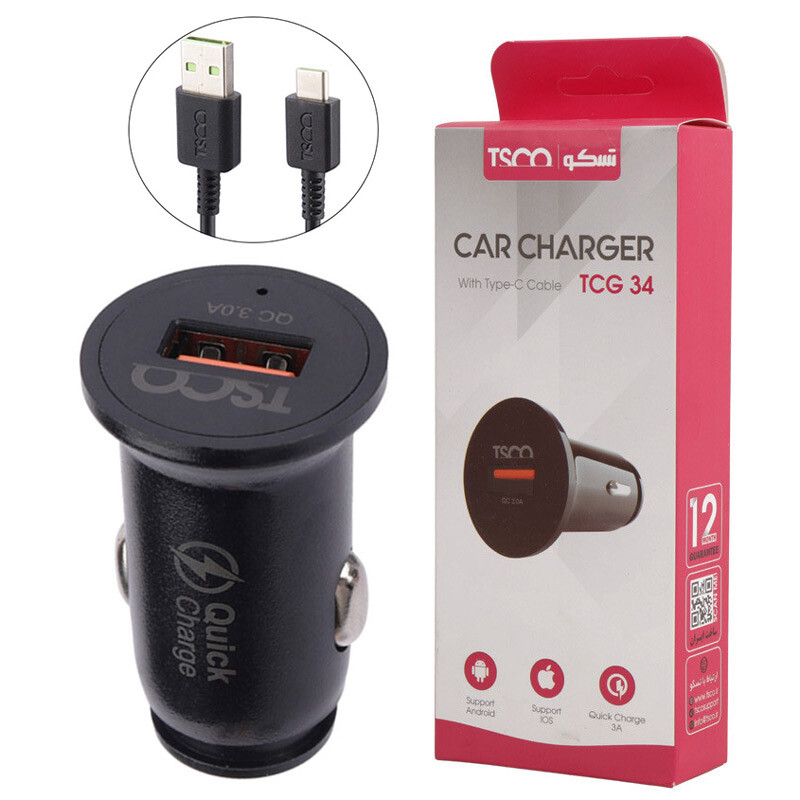 شارژر فندکی فست شارژ TSCO TCG 34 QC3.0 PD 3A 18W + کابل تایپ سی