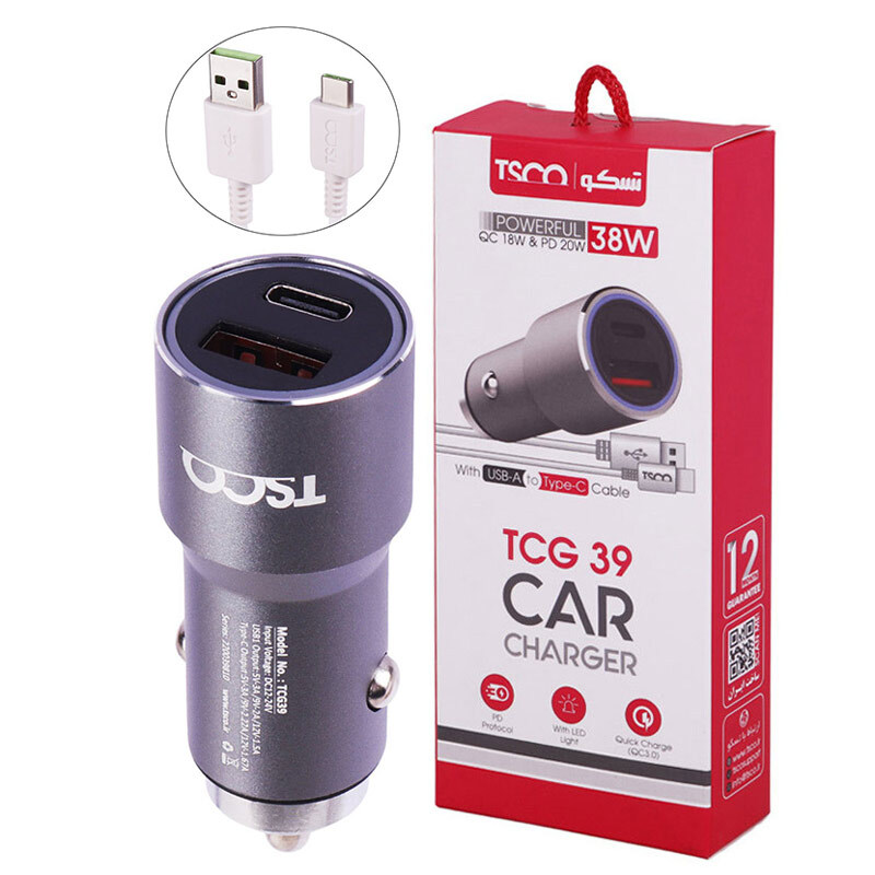 شارژر فندکی فست شارژ TSCO TCG39 3A QC3.0 PD 38W + کابل تایپ سی
