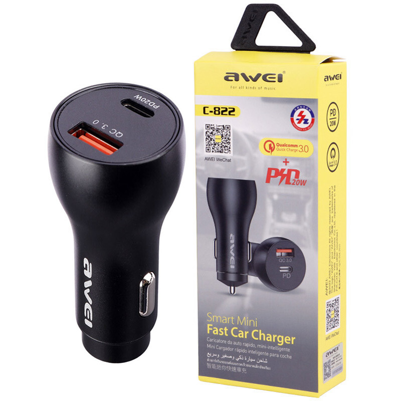 شارژر فندکی فست شارژ Awei C-822 3A QC3.0 PD 36W