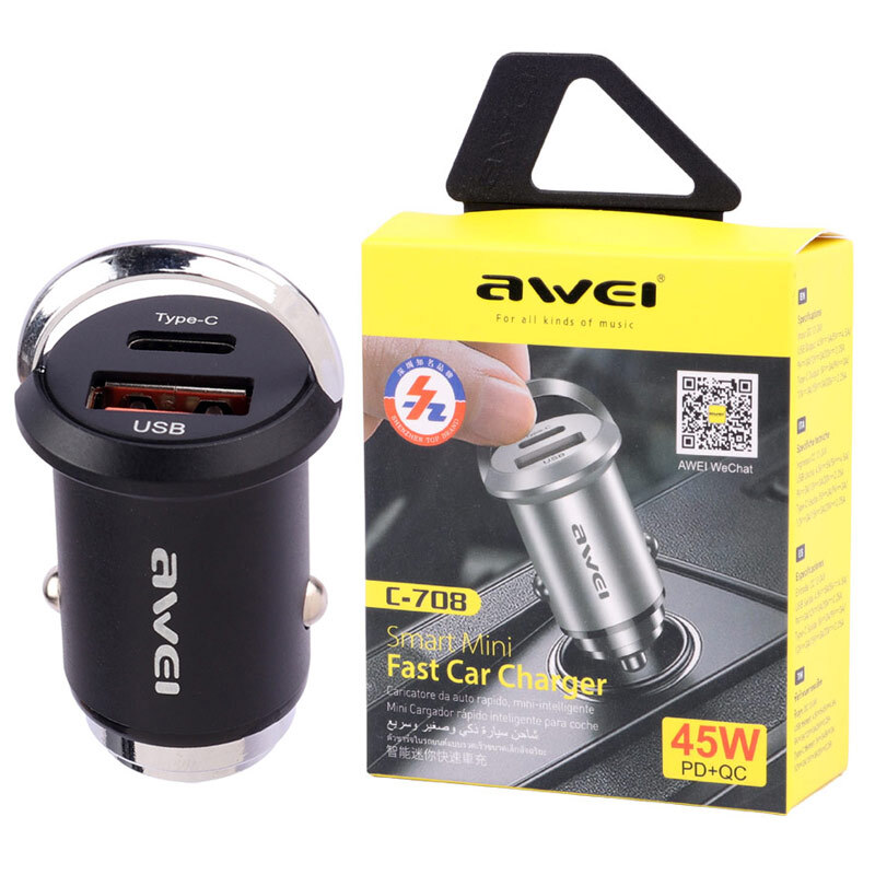 شارژر فندکی فست شارژ Awei C-708 5A QC4.0+ PD 45W