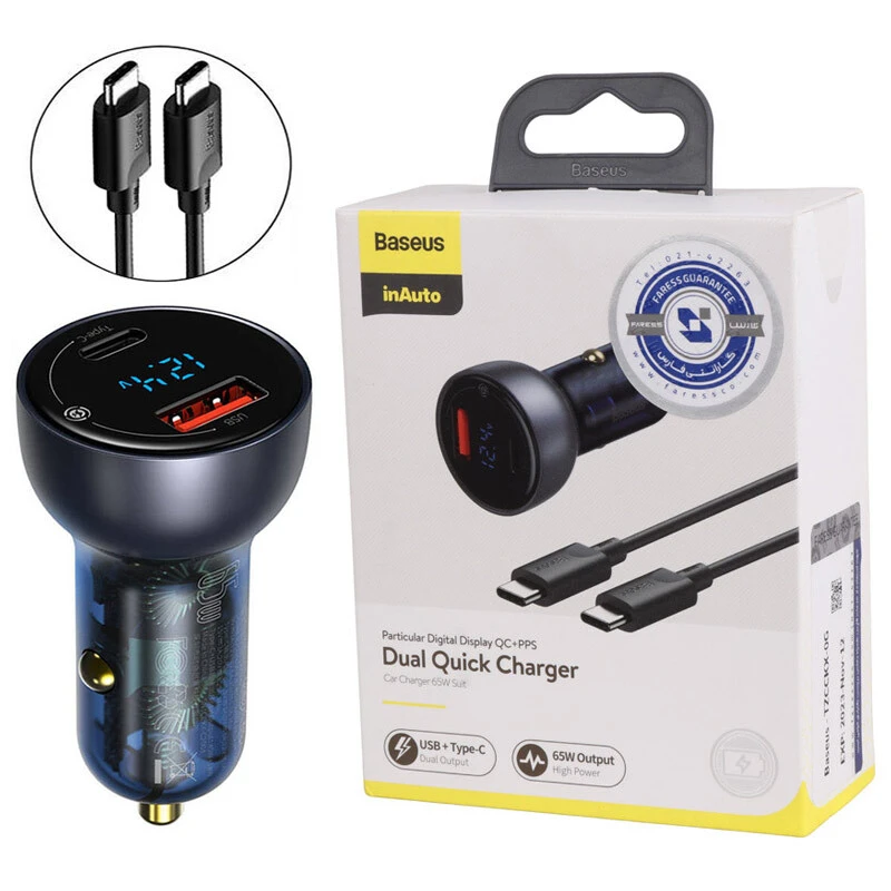 شارژر فندکی فست شارژ Baseus TZCCKX-0G 5A QC4.0 PD 65W + کابل تبدیل تایپ سی