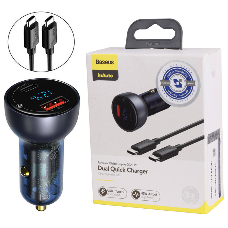 شارژر فندکی فست شارژ Baseus TZCCKX-0G 5A QC4.0 PD 65W + کابل تبدیل تایپ سی