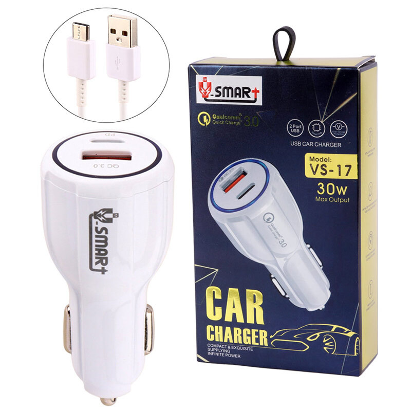 شارژر فندکی فست شارژ V-Smart VS-17 3A QC3.0 PD 30W + کابل تایپ سی
