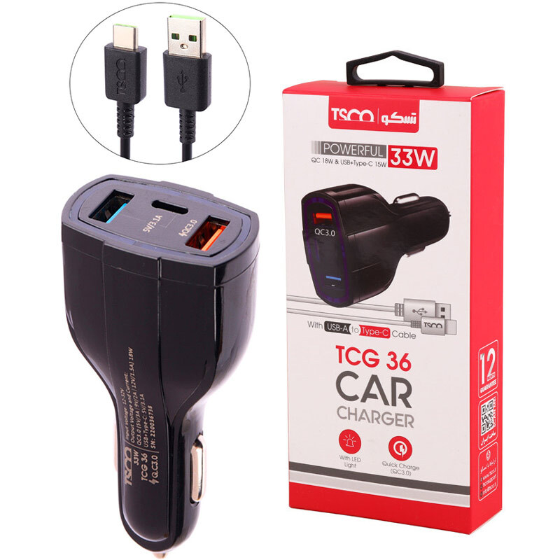 شارژر فندکی فست شارژ TSCO TCG 36 3A QC3.0 PD 33W + کابل تایپ سی
