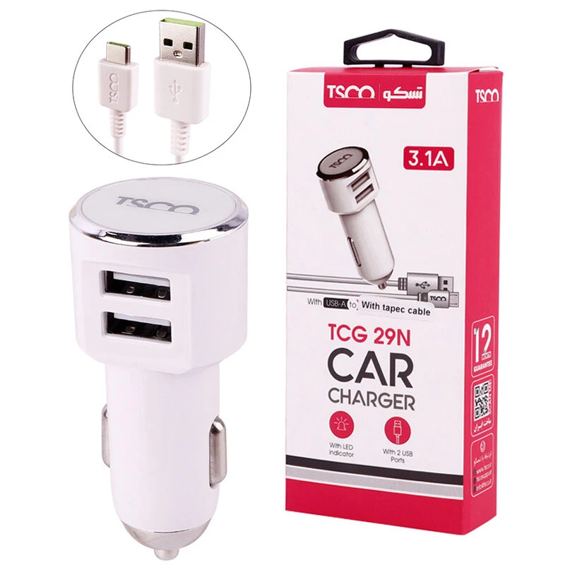 شارژر فندکی فست شارژ TSCO TCG 29N 3.1A 15.5W + کابل تایپ سی