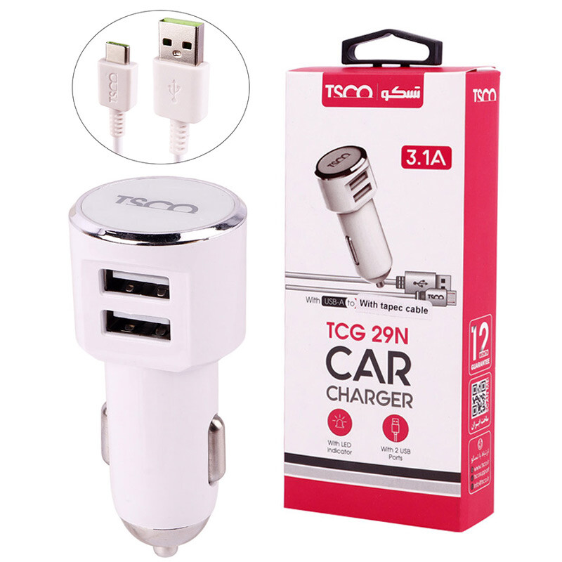شارژر فندکی فست شارژ TSCO TCG 29N 3.1A 15.5W + کابل تایپ سی