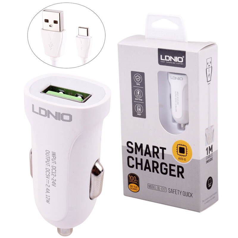 شارژر فندکی فست شارژ Ldnio DL-C17 2.4A 12W + کابل تایپ سی