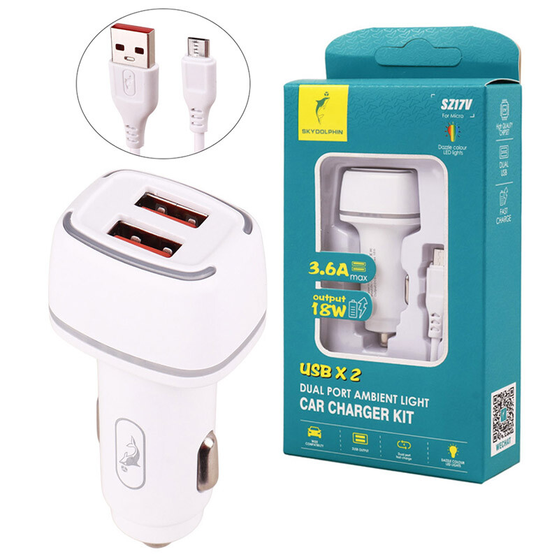 شارژر فندکی فست شارژ Sky Dolphin SZ17V 3.6A 18W + کابل میکرو یو اس بی