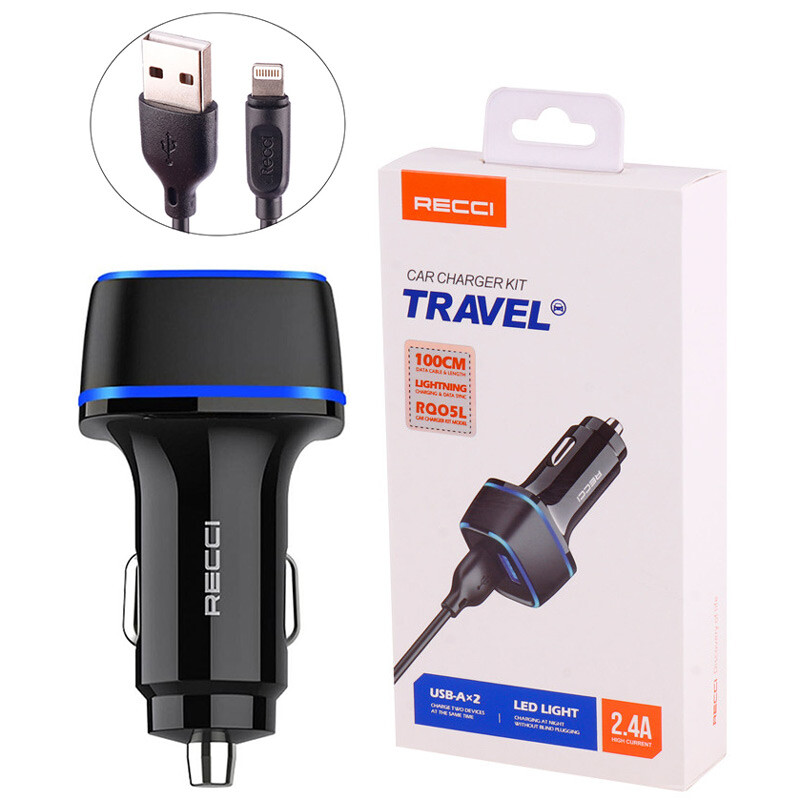 شارژر فندکی Recci RQ05L 2.4A 12W + کابل آیفونی